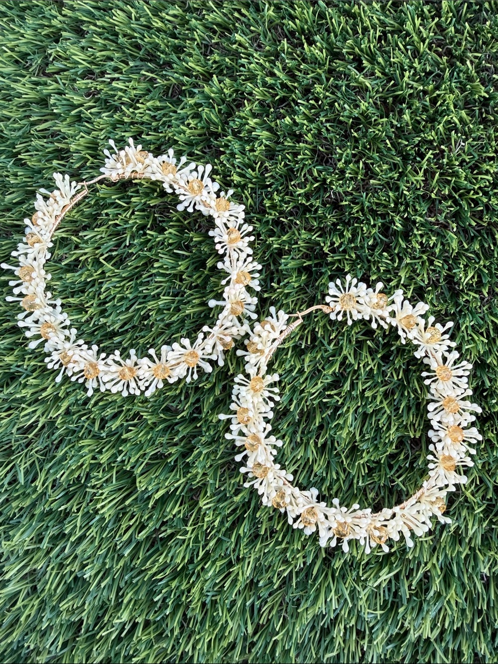 Handmade Gold & White Floral Hoop Earrings - Women Accessories